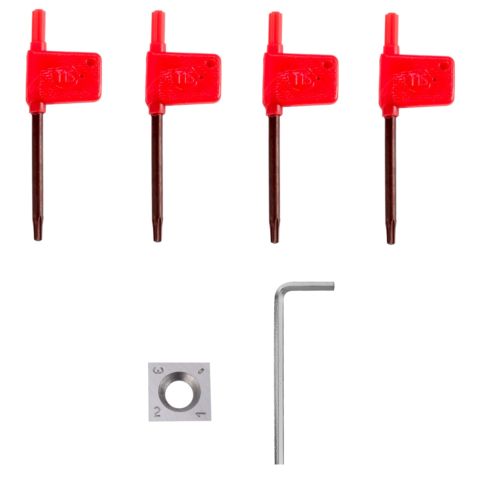 four red-handled tools, square metal cutter, and an l-shaped hex key. VEVOR wood turning tools.