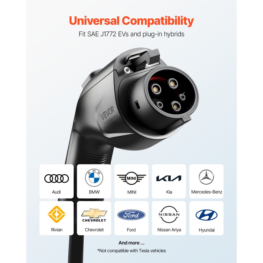 VEVOR EV Charger Extension Cable, 32Amp 40 ft J1772 Extension Cord Compatible with 120V-240V SAE J1772 Electric Vehicle Chargers, Level 1/Level 2 IP66 Heavy Duty Car Charging Cable with Carrying Bag