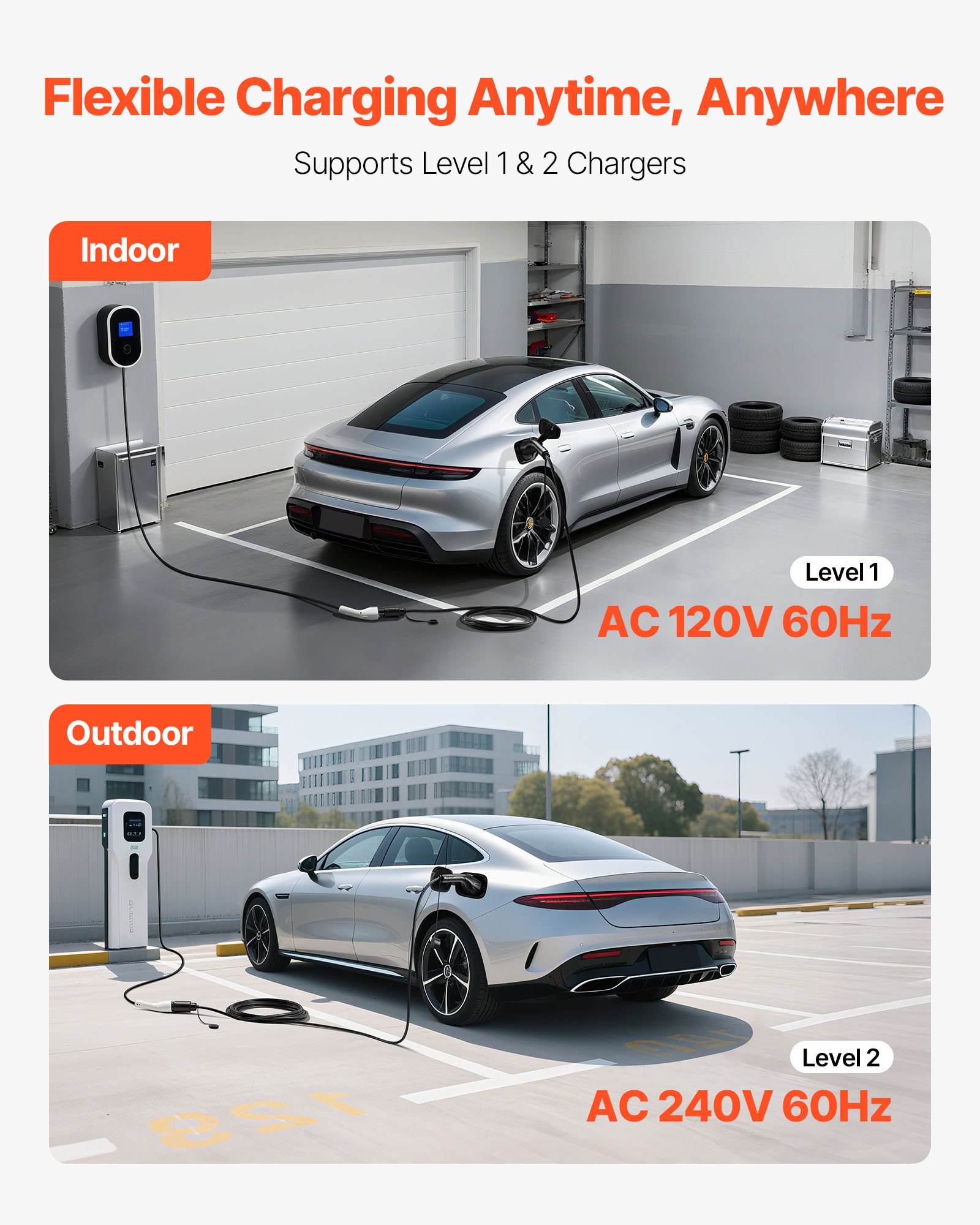 VEVOR EV Charger Extension Cable, 32Amp 40 ft J1772 Extension Cord Compatible with 120V-240V SAE J1772 Electric Vehicle Chargers, Level 1/Level 2 IP66 Heavy Duty Car Charging Cable with Carrying Bag