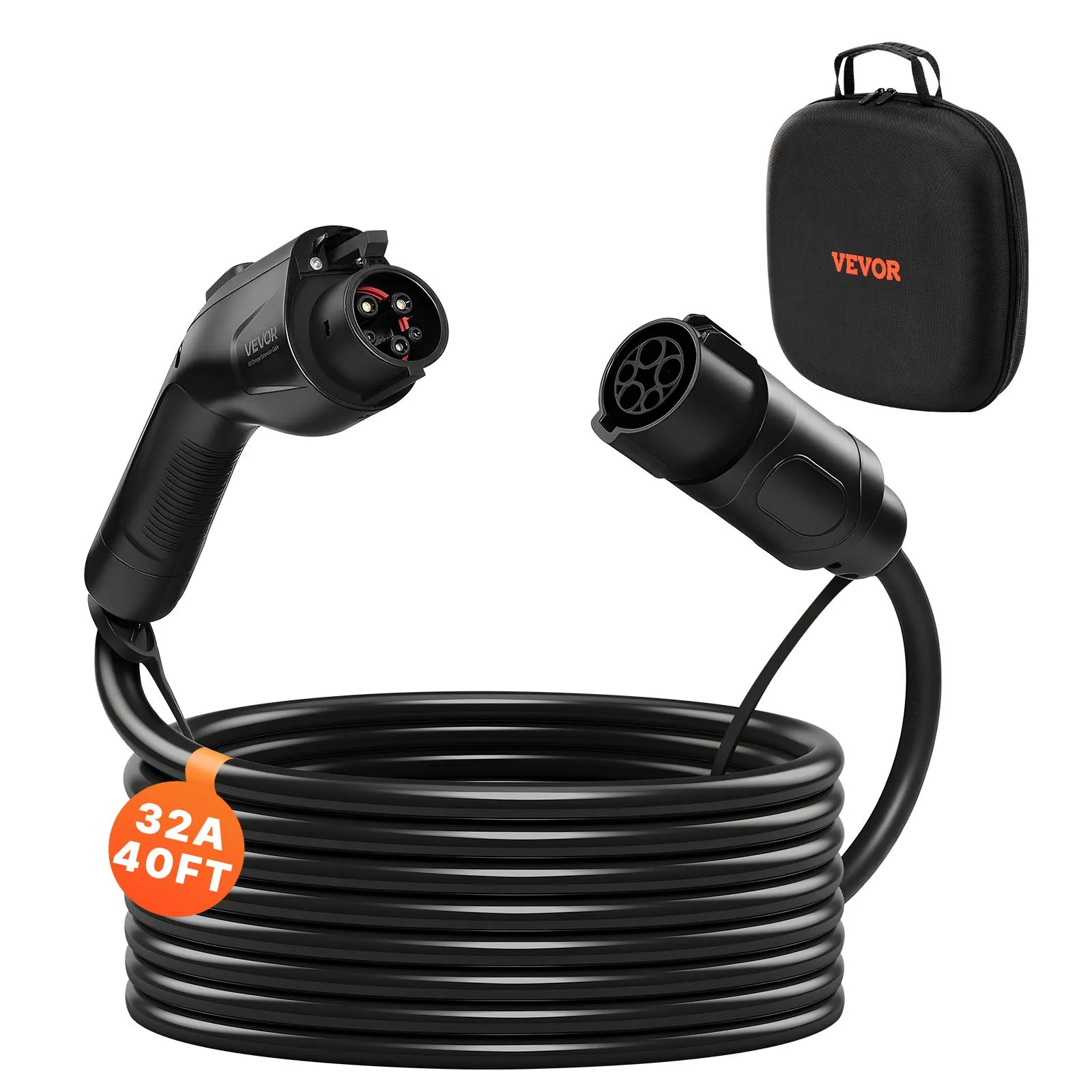 VEVOR EV Charger Extension Cable, 32Amp 40 ft J1772 Extension Cord Compatible with 120V-240V SAE J1772 Electric Vehicle Chargers, Level 1/Level 2 IP66 Heavy Duty Car Charging Cable with Carrying Bag