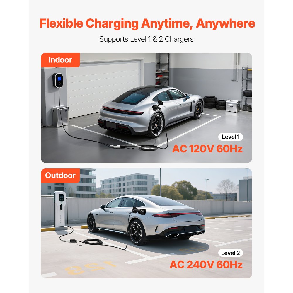 VEVOR EV Charger Extension Cable, 32Amp 21 ft J1772 Extension Cord Compatible with 120V-240V SAE J1772 Electric Vehicle Chargers, Level 1/Level 2 IP66 Heavy Duty Car Charging Cable with Carrying Bag