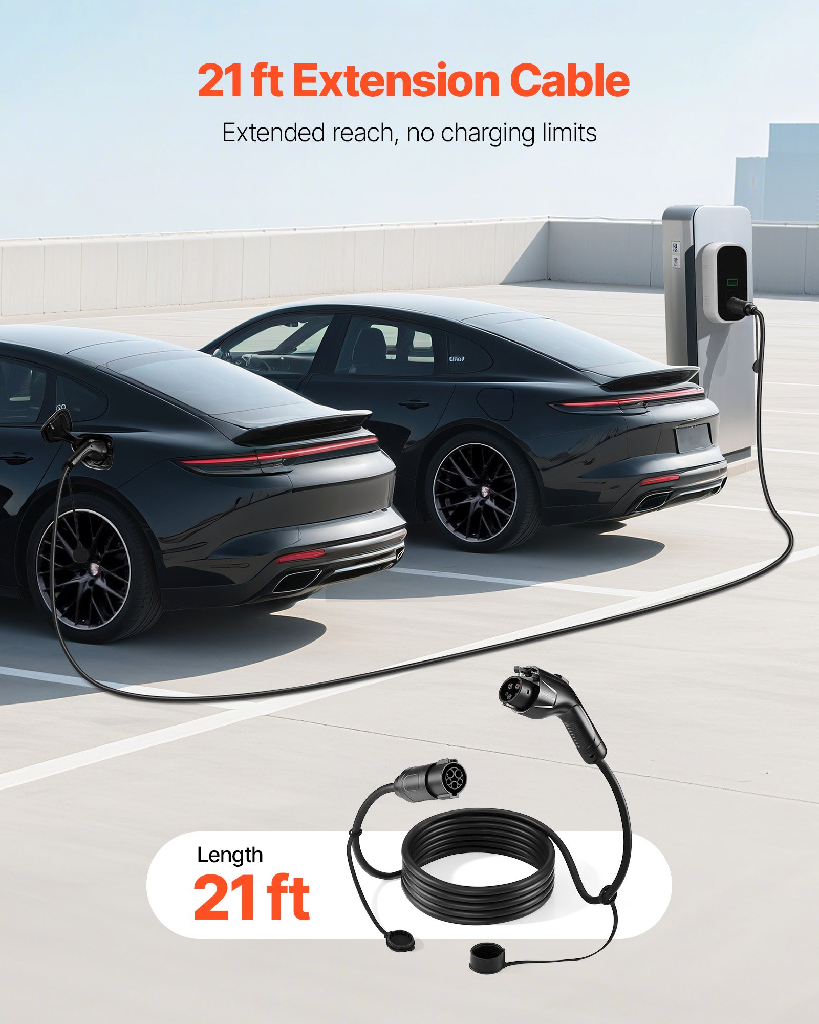 VEVOR EV Charger Extension Cable, 32Amp 21 ft J1772 Extension Cord Compatible with 120V-240V SAE J1772 Electric Vehicle Chargers, Level 1/Level 2 IP66 Heavy Duty Car Charging Cable with Carrying Bag