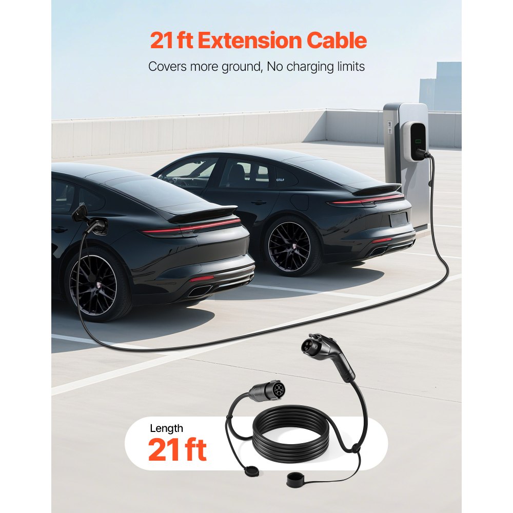 VEVOR EV Charger Extension Cable, 40Amp 21 ft J1772 Extension Cord Compatible with 120V-240V SAE J1772 Electric Vehicle Chargers, Level 1/Level 2 IP66 Heavy Duty Car Charging Cable with Carrying Bag