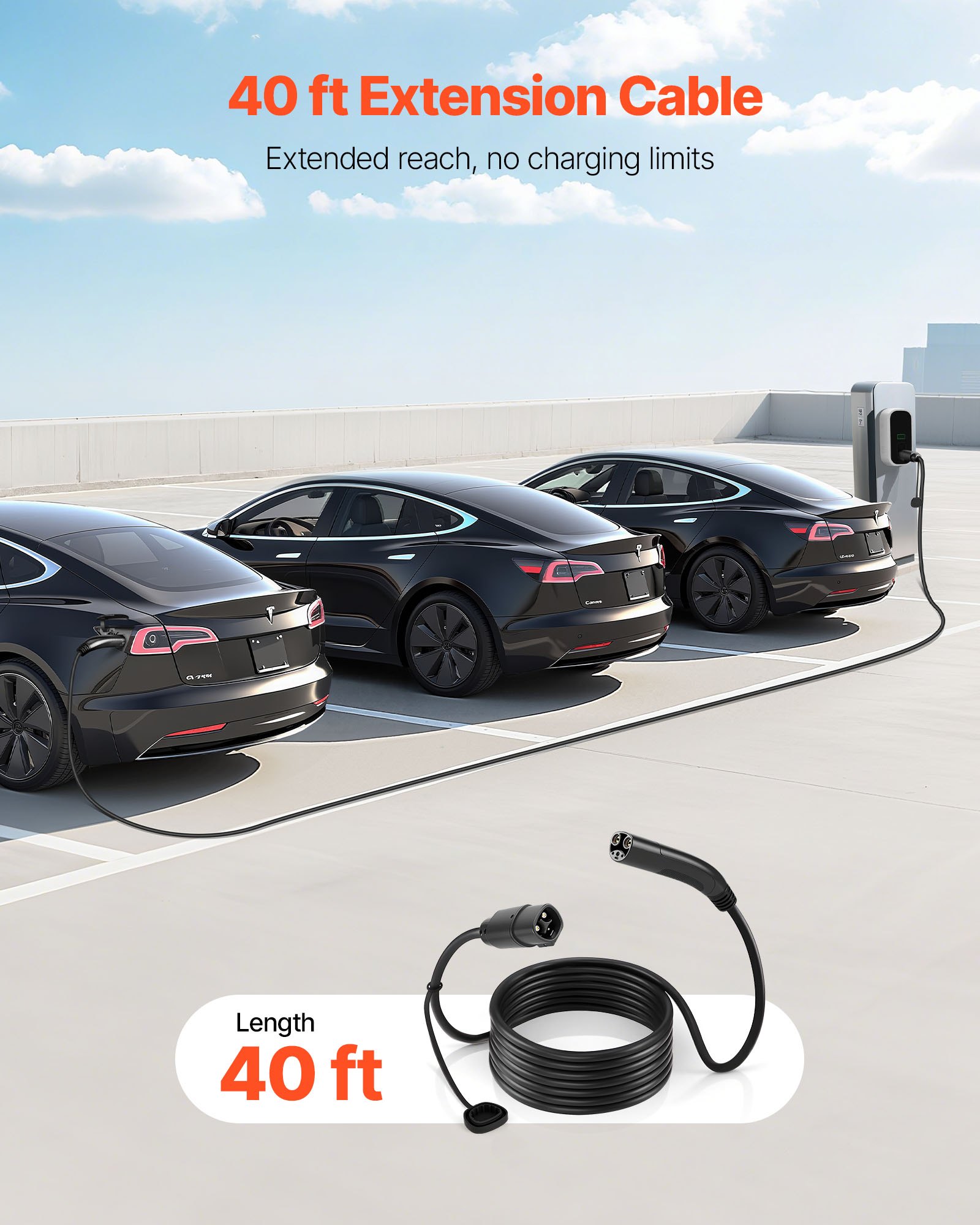 VEVOR EV Charger Extension Cable for Tesla, 48Amp 40 ft Max 240V 11.52 kW with NACS Plug, EV Extension Cord for Level 1/2 Tesla Mobile/Wall Connector/Destination Charger, Model Y/X/3/S, Carrying Bag