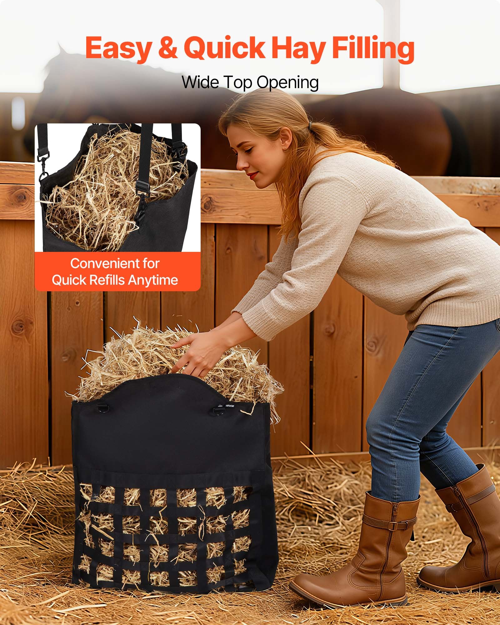 VEVOR Hay Bag for Horses, 55 x 18.5 x 64 cm, 46 x 46 mm Holes, Premium Nylon Construction with PVC Waterproof Coating, Adjustable Hanging Straps and Metal Hooks, Slow Feed Hay Bag for Horses