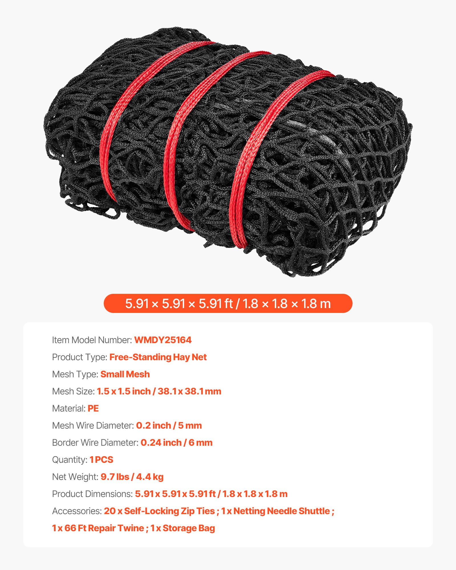 VEVOR Round Bale Hay Net, 1.8 x 1.8 x 1.8 m, 38.1 x 38.1 mm Holes, PE Material, Knotless Design, with Zip Ties, Needle Shuttle, Repair Twine and Storage Bag, Slow Feeder Round Bale Net for Horses