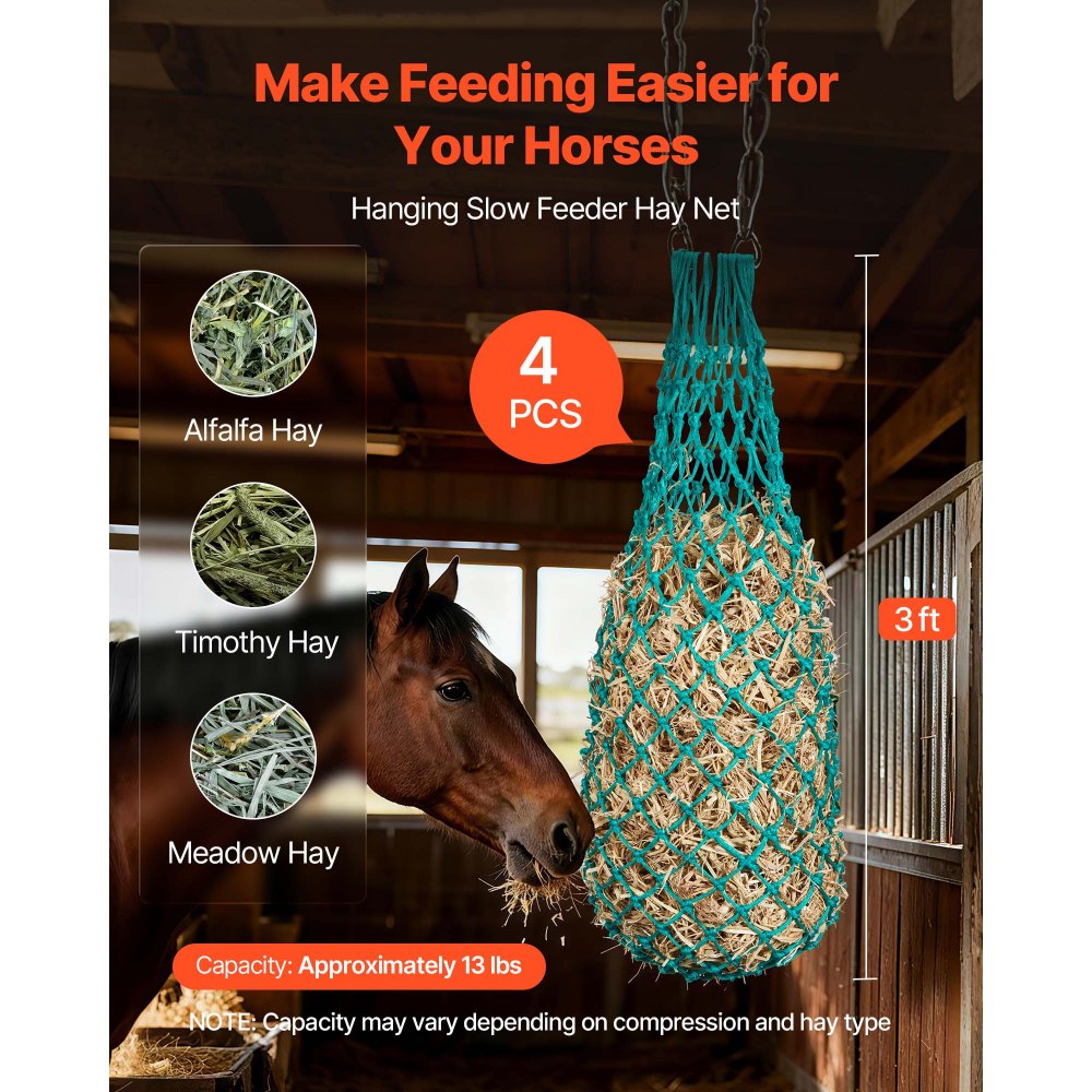 VEVOR Hay Nets for Horses, 4PCS, 0.9 m Extended Length, 38 x 38 mm Holes, PE Material, with Four Carabiner Hooks, Hanging Slow Feed Hay Nets for Horses, Sheep, Cattle, Alpacas, and Livestock