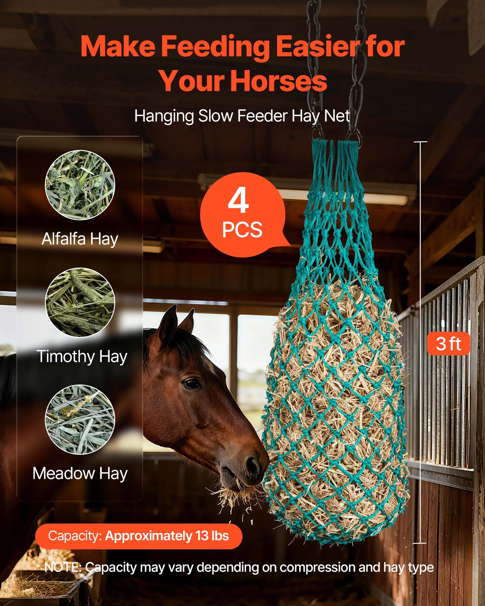 VEVOR Hay Nets for Horses, 4PCS, 0.9 m Extended Length, 38 x 38 mm Holes, PE Material, with Four Carabiner Hooks, Hanging Slow Feed Hay Nets for Horses, Sheep, Cattle, Alpacas, and Livestock