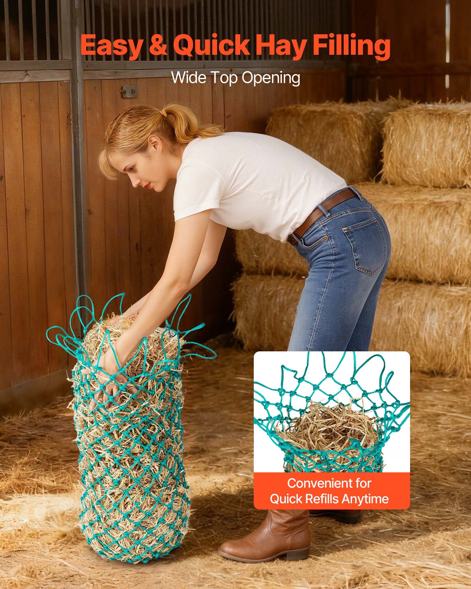 VEVOR Hay Nets for Horses, 4PCS, 0.9 m Extended Length, 38 x 38 mm Holes, PE Material, with Four Carabiner Hooks, Hanging Slow Feed Hay Nets for Horses, Sheep, Cattle, Alpacas, and Livestock