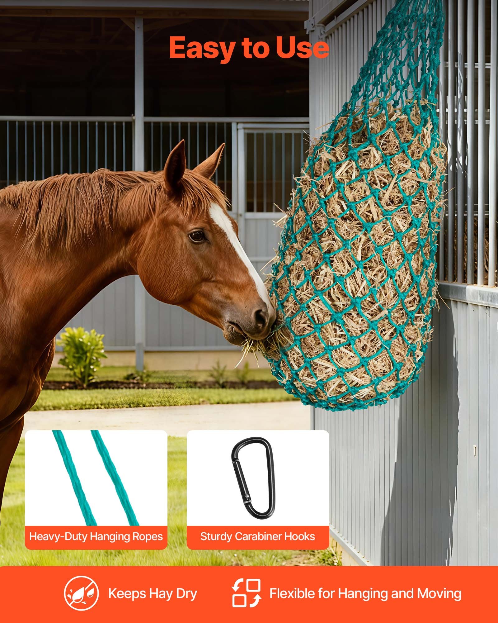 VEVOR Hay Nets for Horses, 4PCS, 0.9 m Extended Length, 38 x 38 mm Holes, PE Material, with Four Carabiner Hooks, Hanging Slow Feed Hay Nets for Horses, Sheep, Cattle, Alpacas, and Livestock