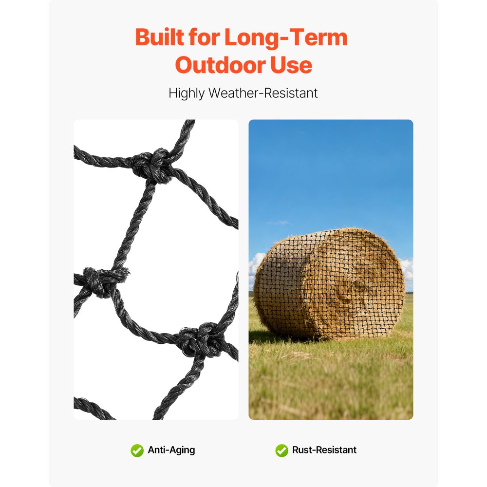 VEVOR Round Bale Hay Net, 1.5 x 1.5 x 1.5 m, 44.45 x 44.45 mm Holes, PE Material, Reinforced Knotted Design, with Zip Ties, Needle Shuttle, and Repair Twine, Slow Feeder Round Bale Net for Horses