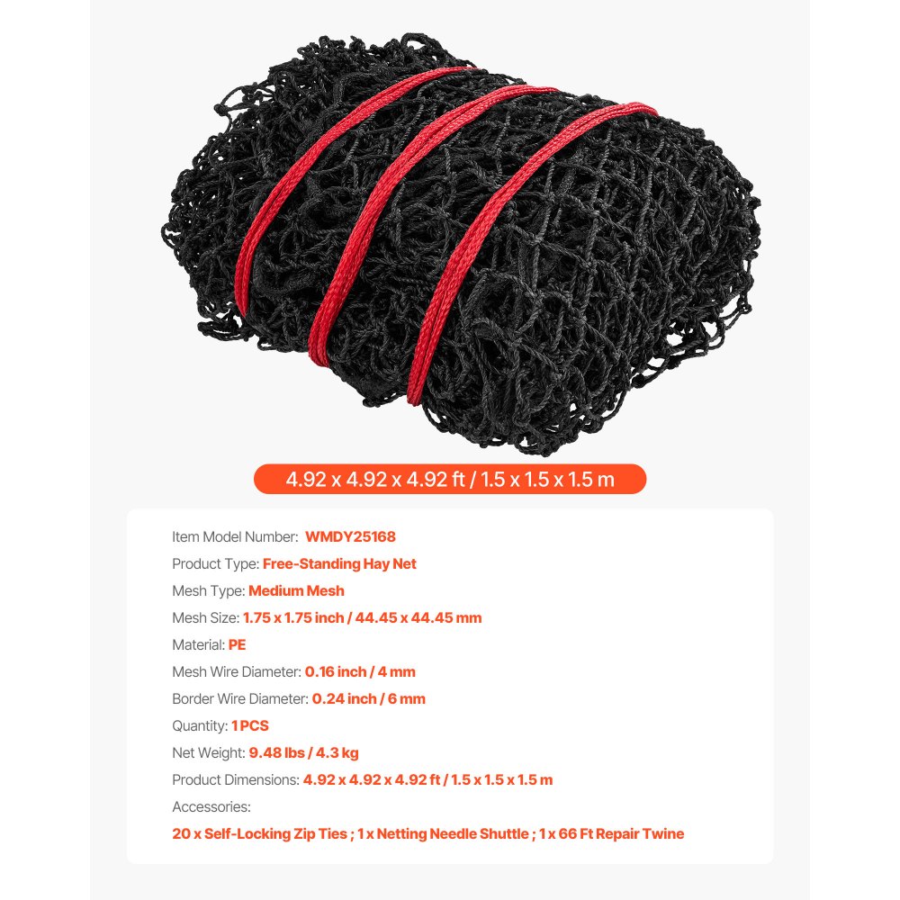 VEVOR Round Bale Hay Net, 1.5 x 1.5 x 1.5 m, 44.45 x 44.45 mm Holes, PE Material, Reinforced Knotted Design, with Zip Ties, Needle Shuttle, and Repair Twine, Slow Feeder Round Bale Net for Horses