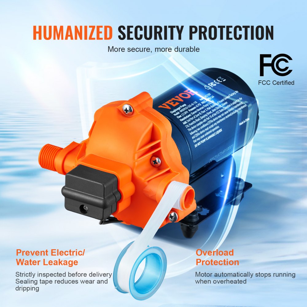 VEVOR RV Water Pressure Diaphragm Pump 3Chambers 110V 3.3GPM 45PSI Adjustable Presssure Fresh Water Pump, Self Priming Sprayer Pump for RV Camper Marine Boat Lawn