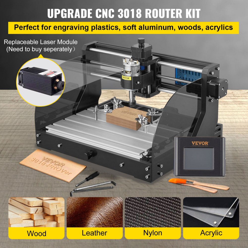 VEVOR CNC Router Machine 3018 CNC 3018-PRO 3 Axis PCB Milling Machine Wood Router Engraver GRBL Control DIY Engraving CNC Machine with Offline Controller and ER11 and 5mm Extension Rod(300x180x45mm)