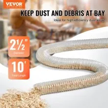 VEVOR Dust Collection Hose, 2.5'' x 10', Thickened PVC Material Puncture-Resistant Flexible Clear Hose with Carbon Steel Wire Coil 4 x 304 Stainless Clamps, for Table Saw, Band Saw, Planer, Jointer