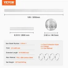 VEVOR Dust Collection Hose, 2.5'' x 10', Thickened PVC Material Puncture-Resistant Flexible Clear Hose with Carbon Steel Wire Coil 4 x 304 Stainless Clamps, for Table Saw, Band Saw, Planer, Jointer