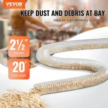 VEVOR Dust Collection Hose, 2.5'' x 20', Thickened PVC Material Puncture-Resistant Flexible Clear Hose with Carbon Steel Wire Coil 4 x 304 Stainless Clamps, for Table Saw, Band Saw, Planer, Jointer