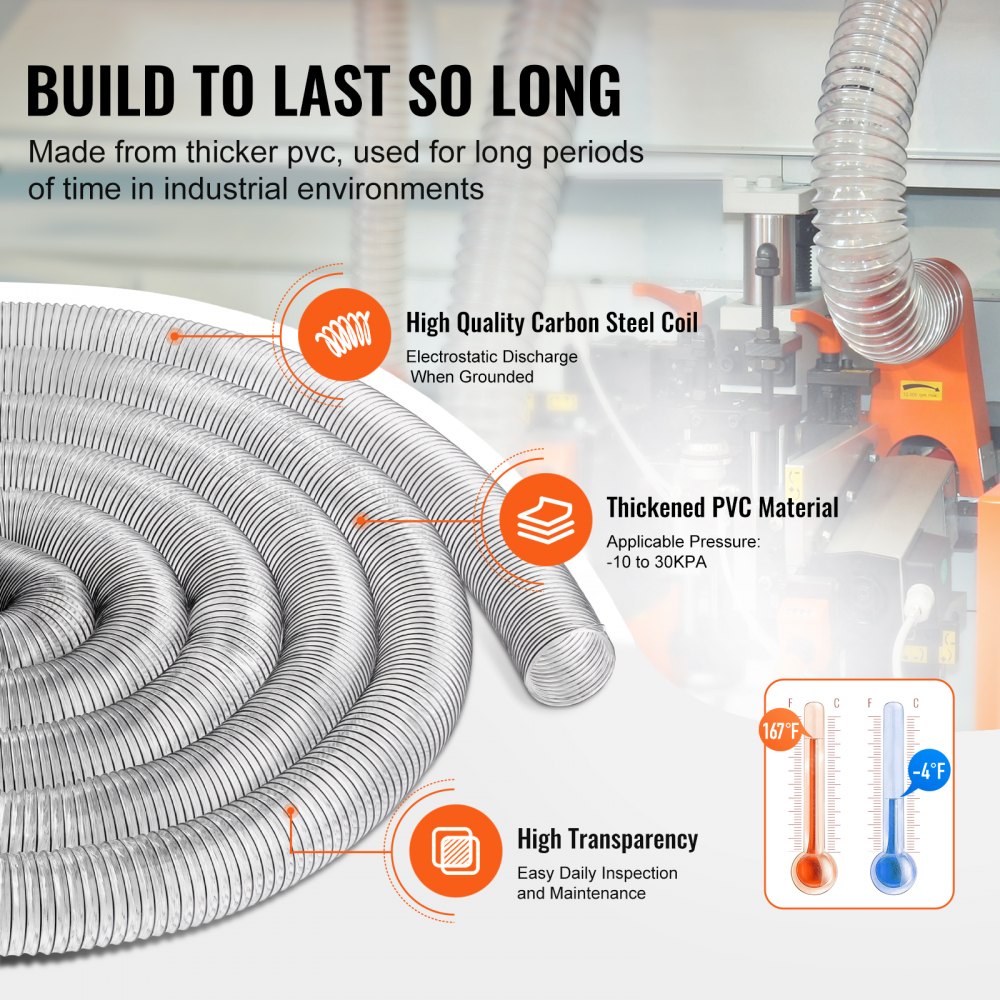 VEVOR Dust Collection Hose, 4" x 50', Thickened PVC Material Puncture-Resistant Flexible Clear Hose with Carbon Steel Wire Coil 4 x 304 Stainless Clamps, for Table Saw, Band Saw, Planer, Jointer