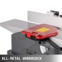 VEVOR benchtop jointer with all-metal workbench and red safety cover.