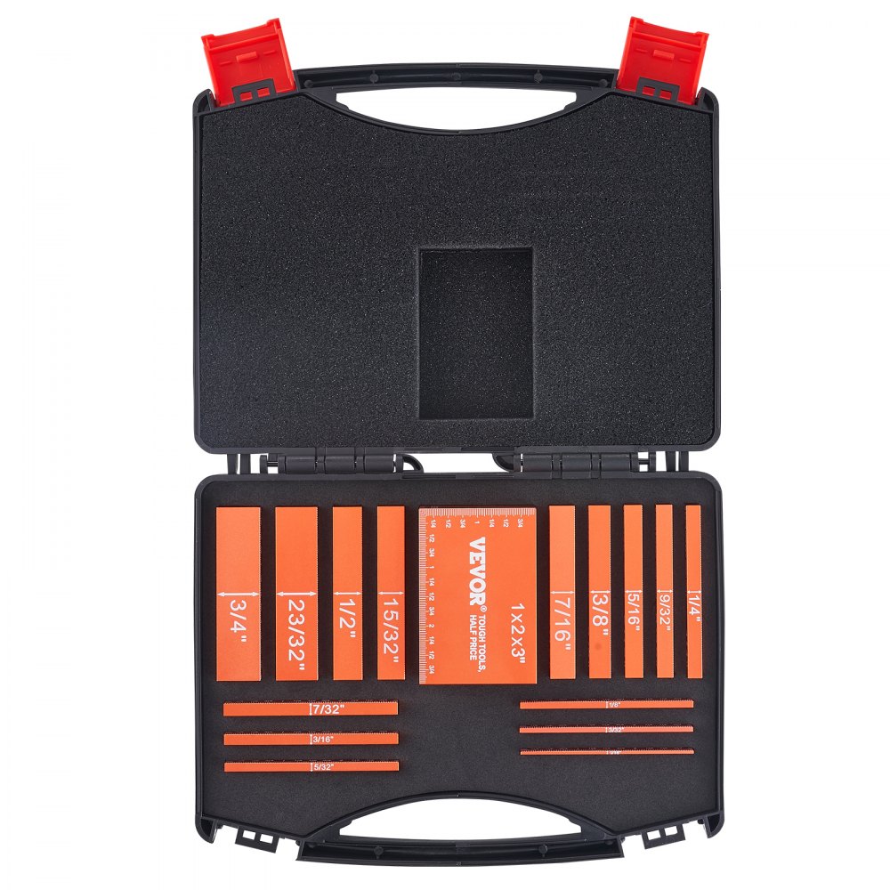 VEVOR woodworking tools set with various orange measuring blocks in a black case with red latches.