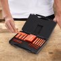 person handling VEVOR woodworking tools in a black case on a wooden workbench.