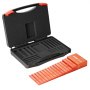 black case with foam inserts and orange VEVOR woodworking tools marked with various measurements.