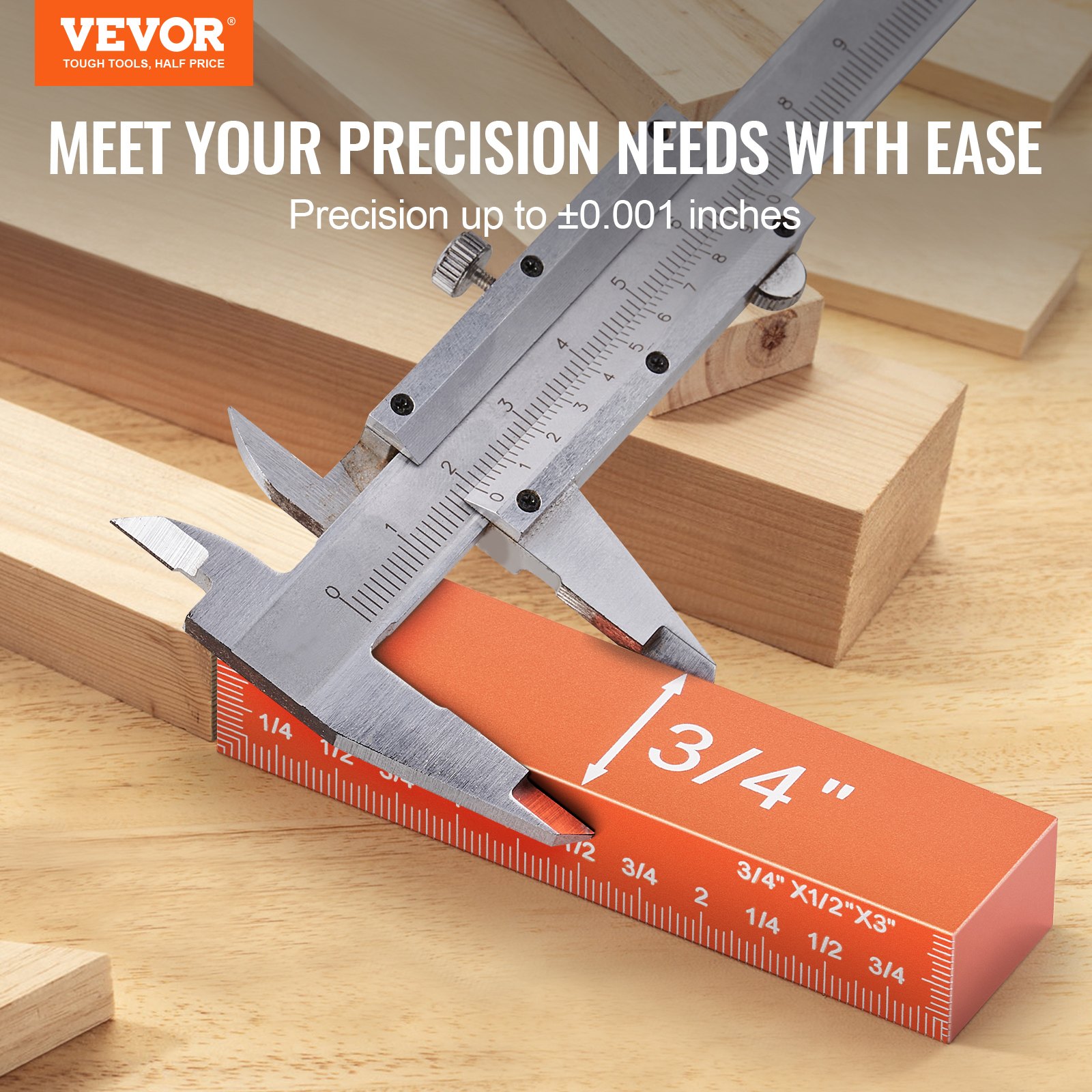 VEVOR woodworking tools caliper measuring block with wood planks, precision up to ±0.001 inches.