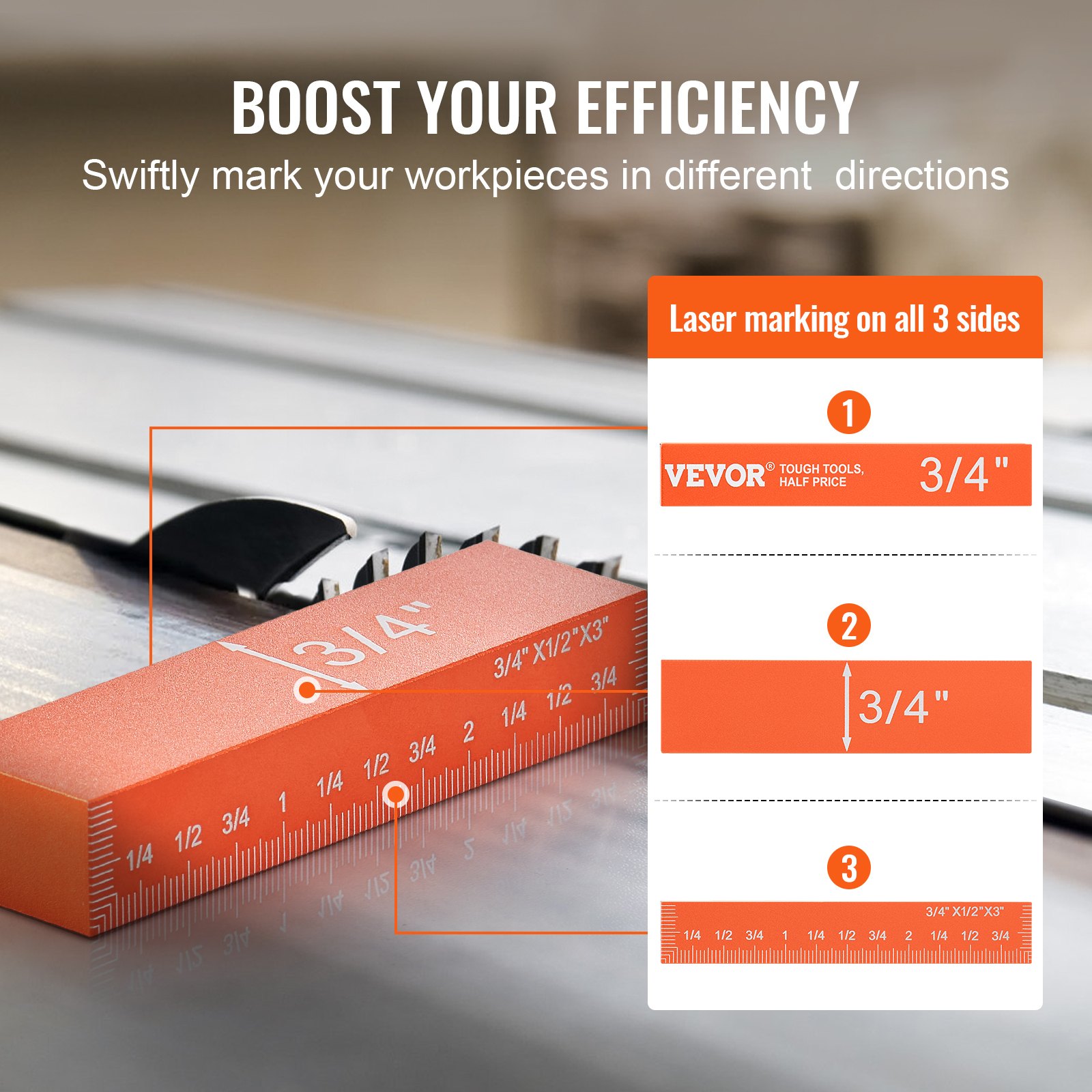 VEVOR woodworking tools with laser-marked measuring block for precise measurements in multiple directions.