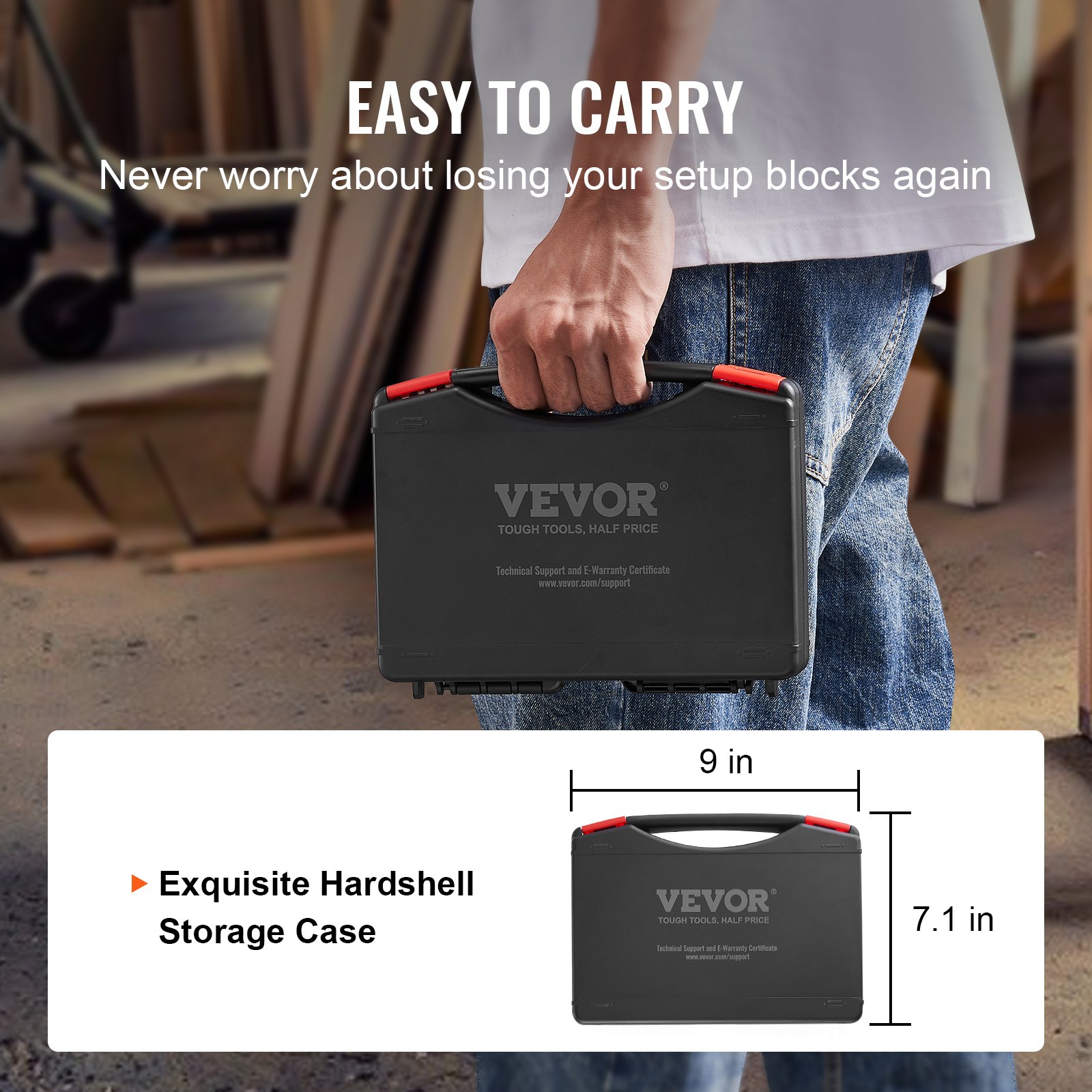 person holding a VEVOR hardshell storage case for woodworking tools in a workshop setting.