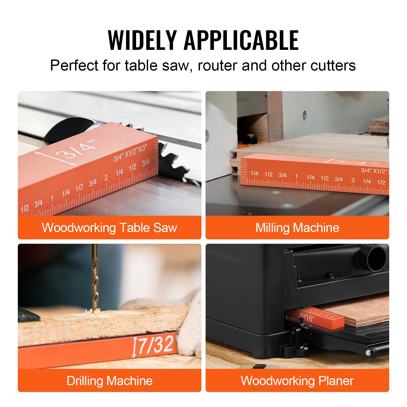 VEVOR woodworking tools for table saw, milling machine, drilling machine, and planer.