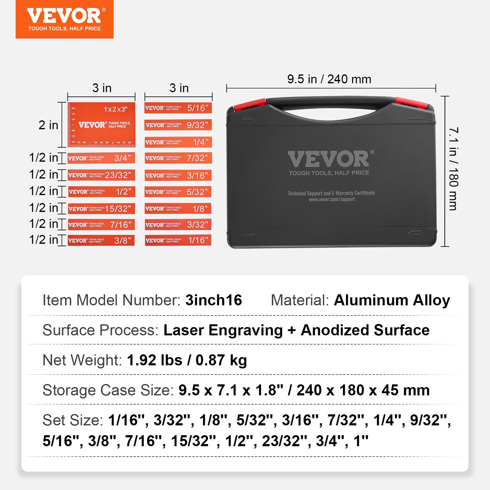 black case with red handle, 3 sets of VEVOR woodworking tools, various sizes, and item specifications.