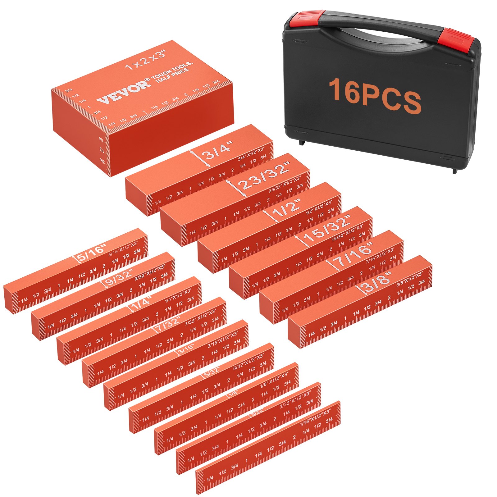VEVOR woodworking tools set, 16-piece, with various gauge blocks in a black and orange carrying case.