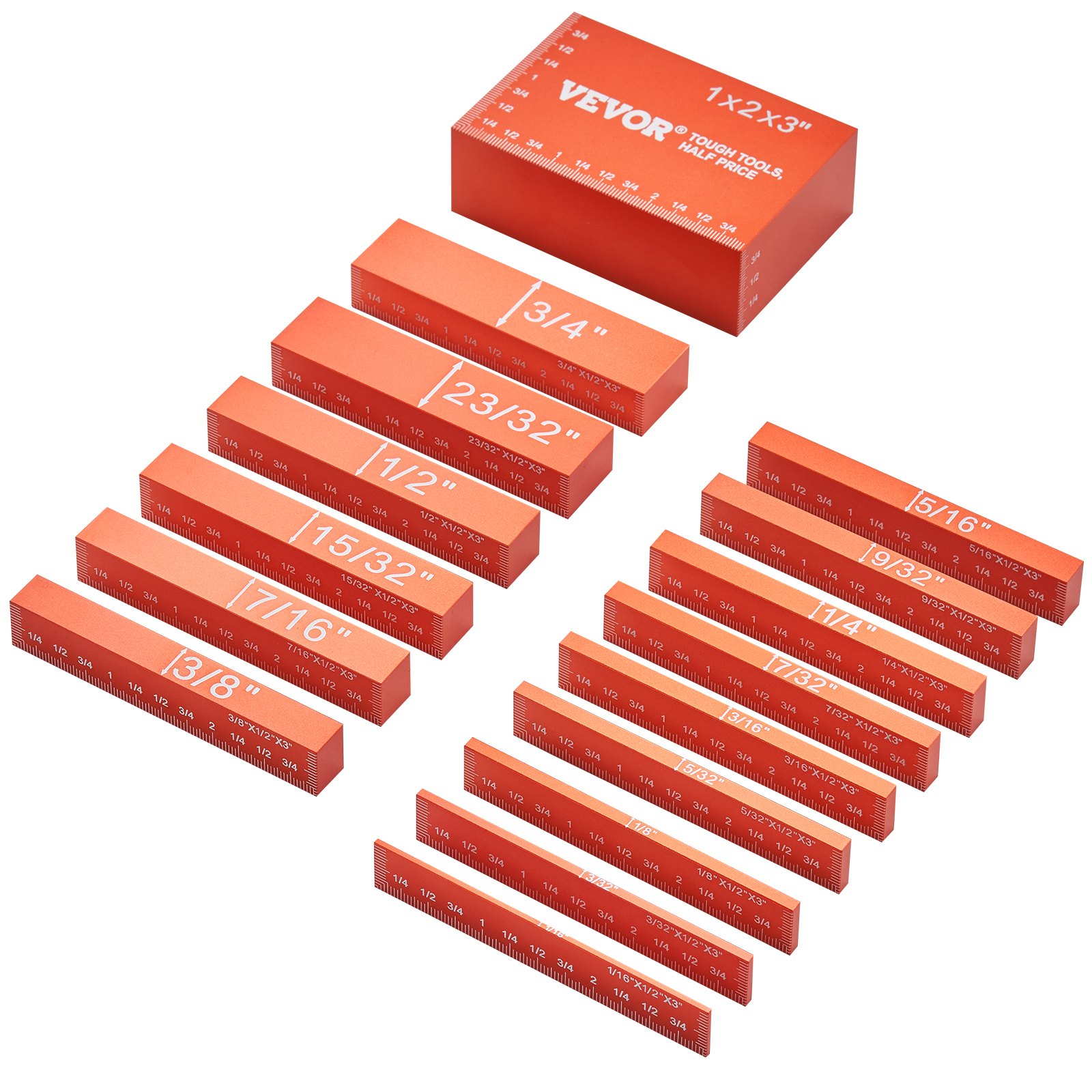 orange VEVOR woodworking tools setup bars displaying various fractional measurements.