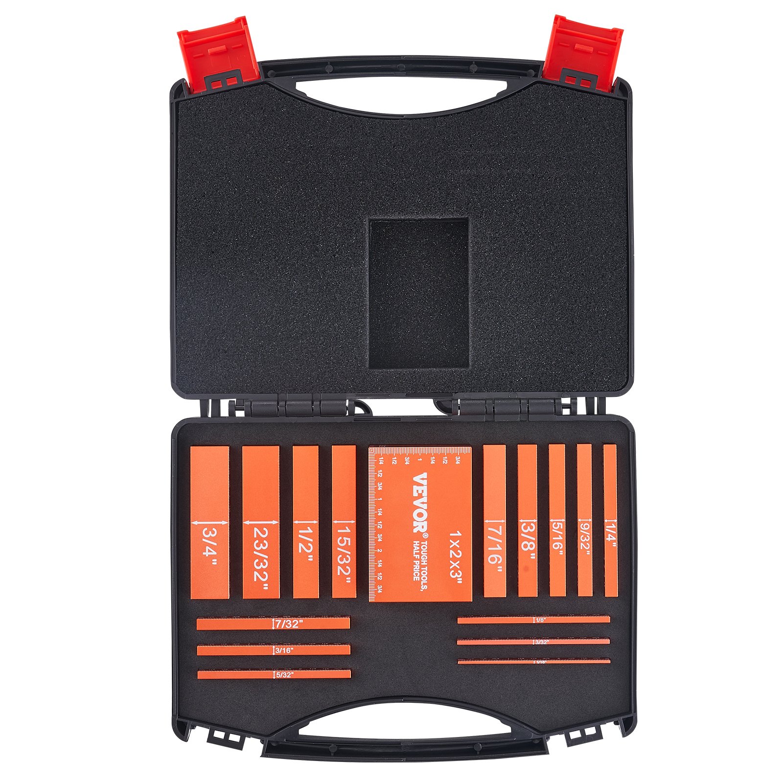 VEVOR woodworking tools set with various orange measuring blocks in a black case with red latches.