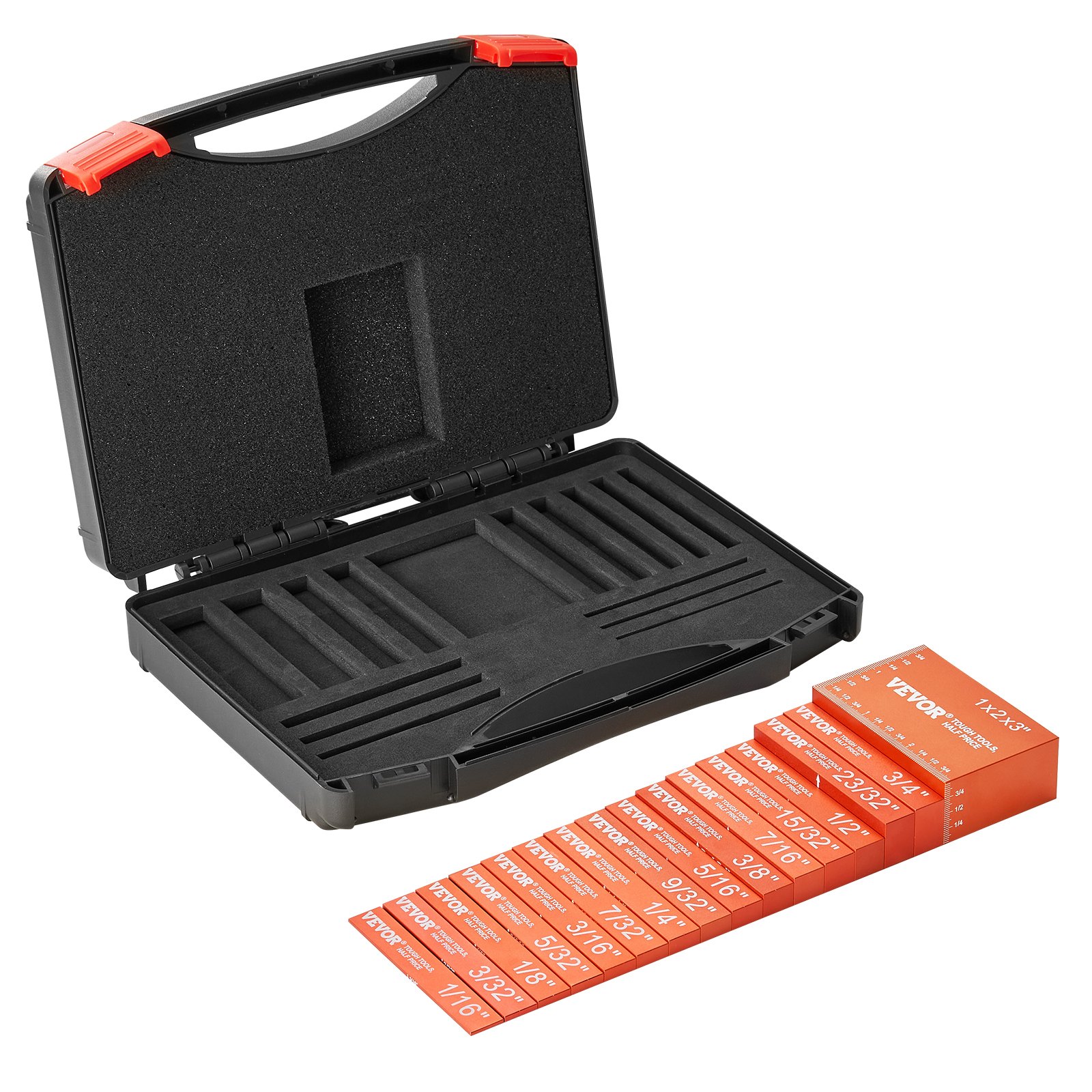 black case with foam inserts and orange VEVOR woodworking tools marked with various measurements.