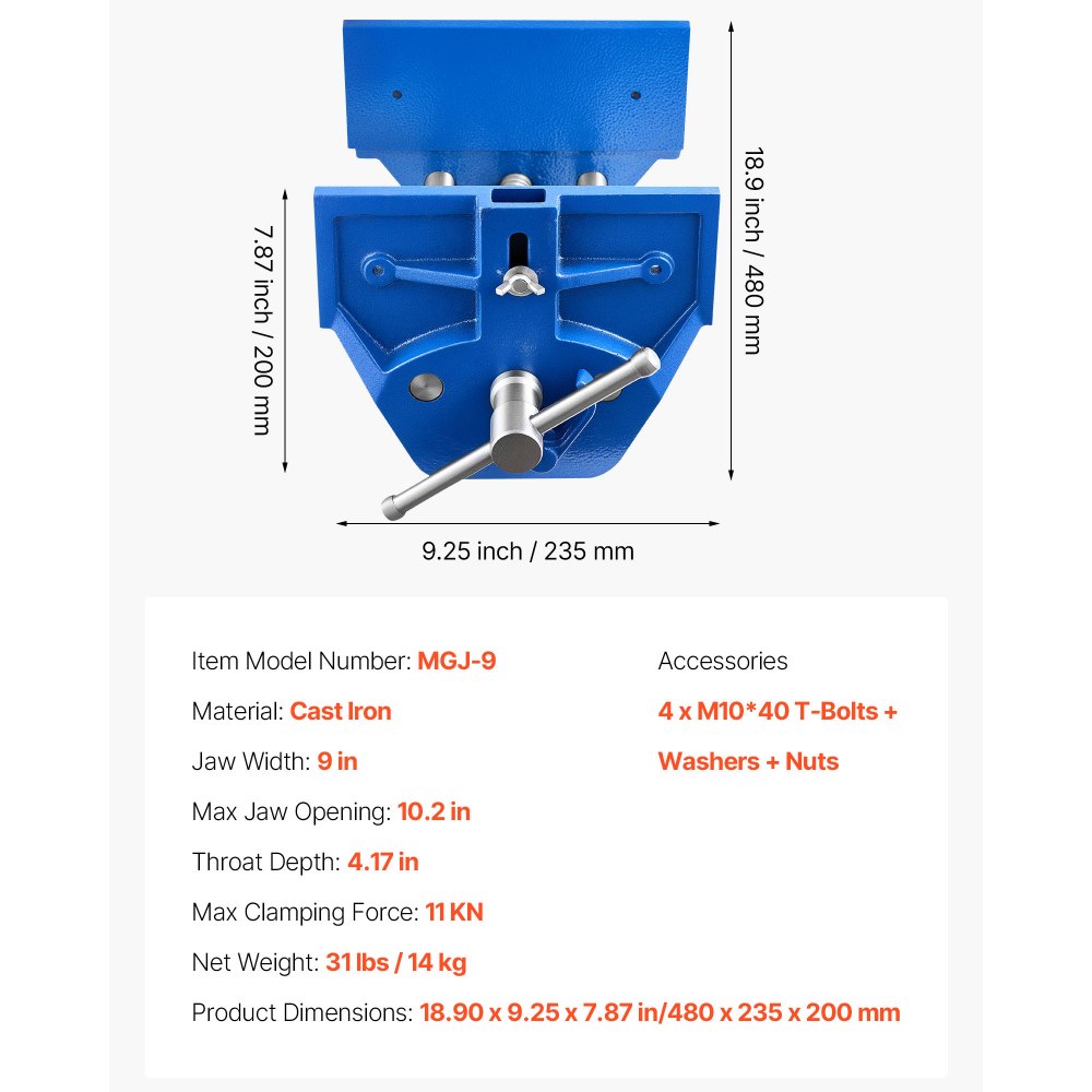 VEVOR Woodworking Vise, 9 Inch Jaw Width, Quick Release Wood Bench Vise, 10.2 Inch Max Jaw Opening, Heavy-duty Cast Iron Construction, Adjustable Front Stop, Workbench Vice, for Woodworking Drilling