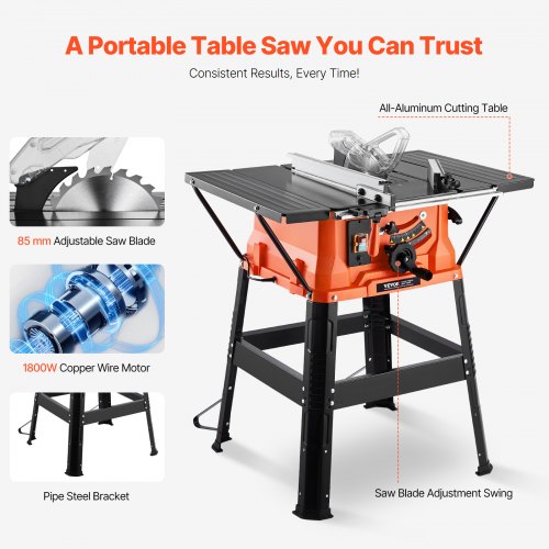 thumbnail image 2 of 10 Inch Table Saw With Stand 15A 5000RPM 10-Inch Table Saw With Stand - 15A 5000RPM Portable Saw With 90° & 45° Cutting Capacity Table Saw Stand 2 of 10