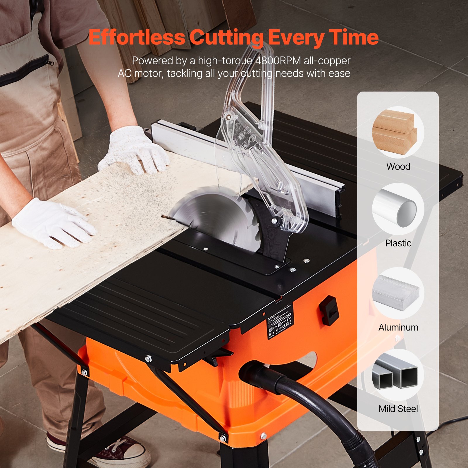 VEVOR Table Saw with Stand, 254 mm, 1800W Portable Compact Tablesaw, 200 mm Max Rip Capacity, 4800RPM Cutting Speed, with 24 Teeth Saw Blade, Sliding Miter Gauge, for Woodworking & Furniture Making