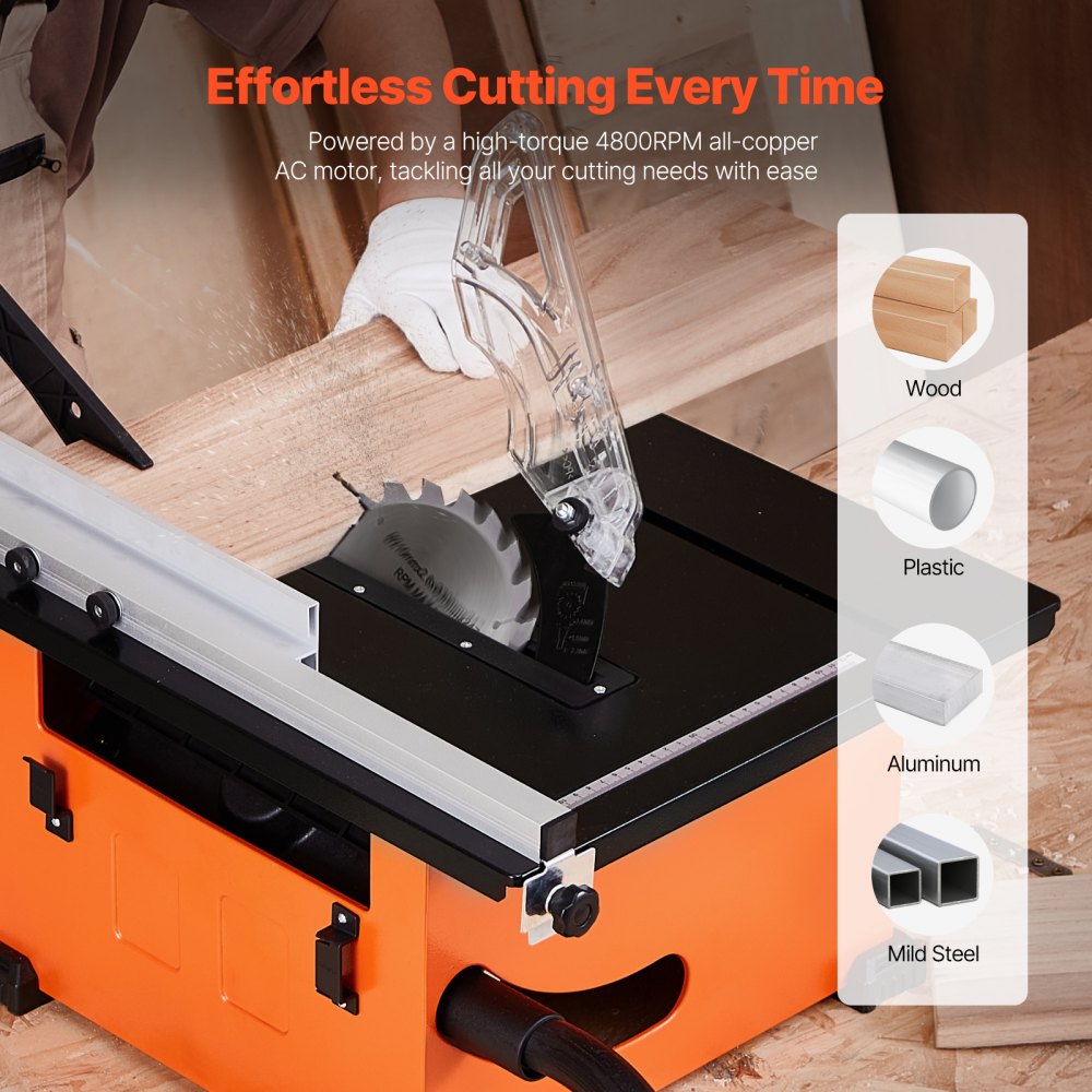 VEVOR Table Saw for Jobsite, 210 mm, 1200W Portable Compact Tablesaw, 225mm Max Rip Capacity, 4800RPM Cutting Speed, with 24 Teeth Saw Blade, Sliding Miter Gauge, for DIY Woodworking Furniture Making