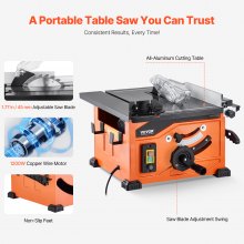 VEVOR Table Saw, 1200 W  Portable Compact Tablesaw, 210 MM Saw Blade O.D Construction Circular Saw, 225 MM Max. Cutting Capacity, 4800 RPM Cutting Speed, With 24-tooth Saw Blade, Miter Gauge, For Diy Woodworking & Furniture Making