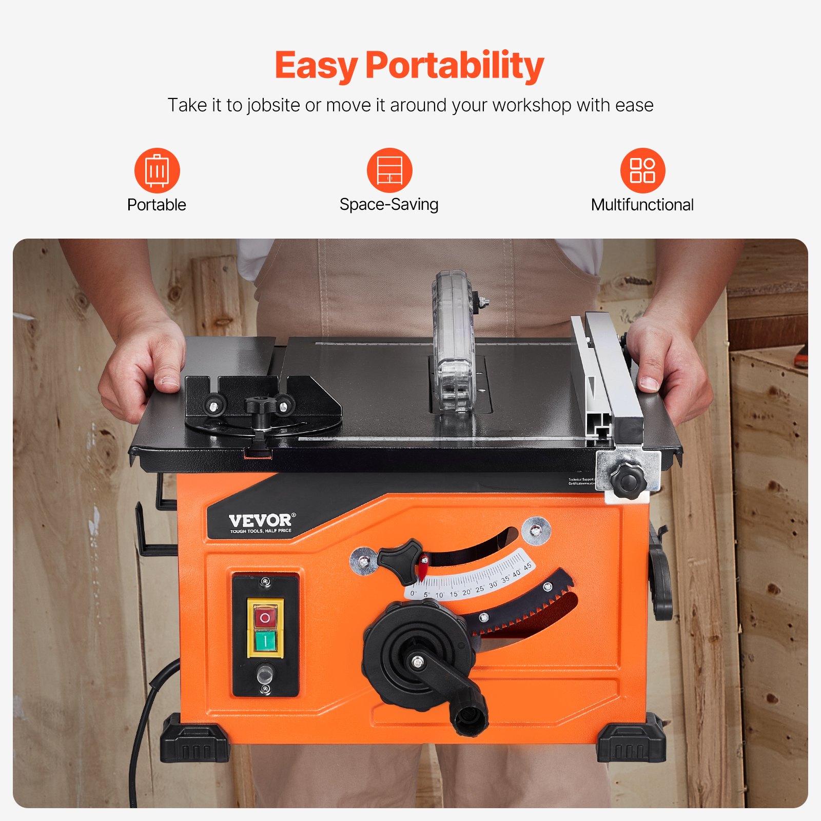 VEVOR Table Saw for Jobsite, 210 mm, 1200W Portable Compact Tablesaw, 225mm Max Rip Capacity, 4800RPM Cutting Speed, with 24 Teeth Saw Blade, Sliding Miter Gauge, for DIY Woodworking Furniture Making