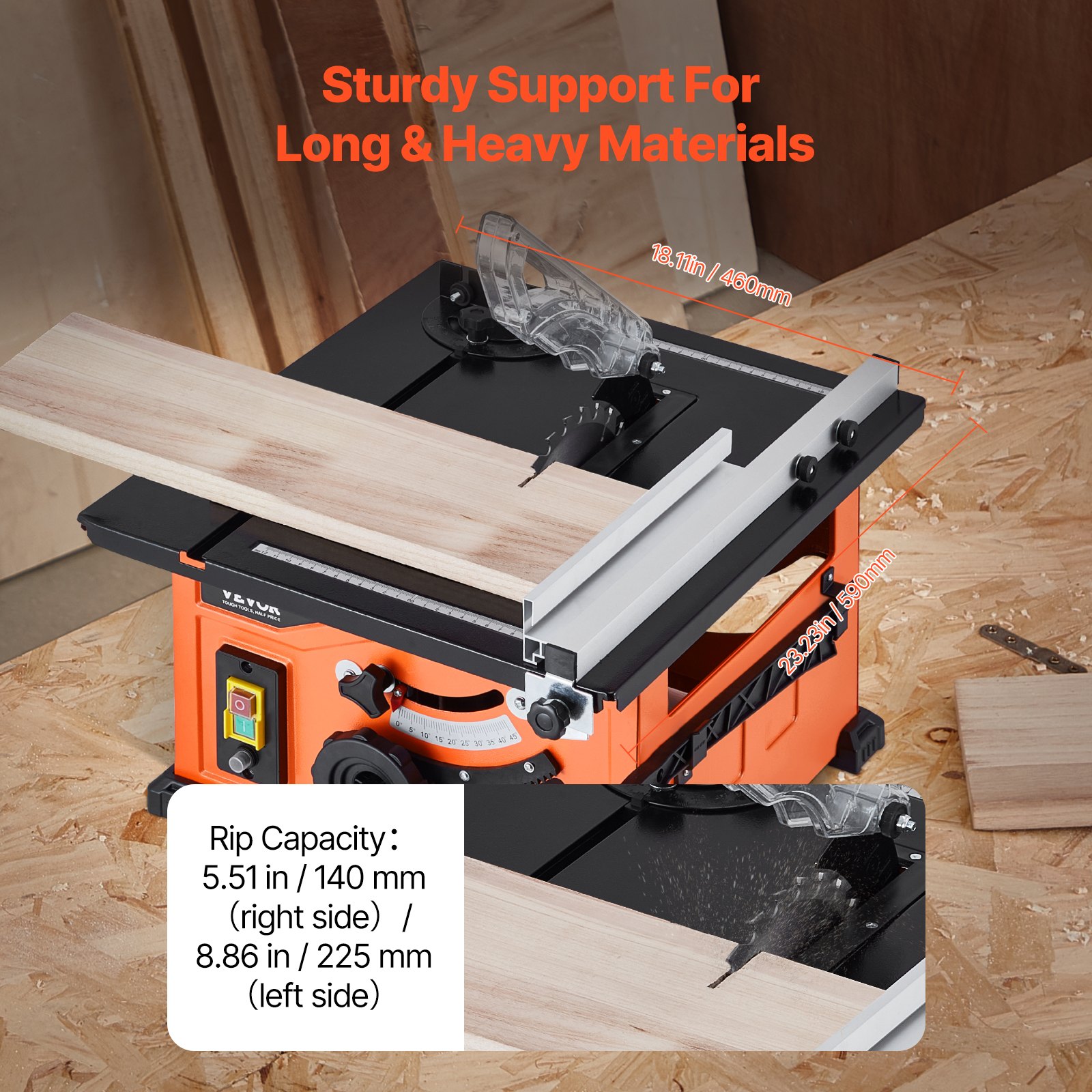VEVOR Table Saw for Jobsite, 210 mm, 1200W Portable Compact Tablesaw, 225mm Max Rip Capacity, 4800RPM Cutting Speed, with 24 Teeth Saw Blade, Sliding Miter Gauge, for DIY Woodworking Furniture Making