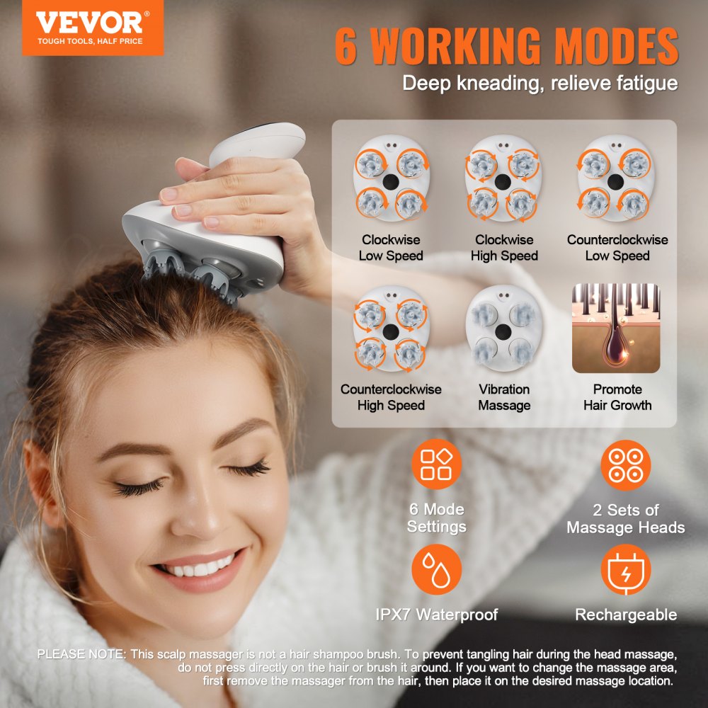 VEVOR Electric Scalp Massager, Rechargeable Head Massager Hair Growth, IPX7 Waterproof | Portable Kneading Scalp Scratcher with 8 Removable Massage Head for Stress Relief, Deep Clean, Gift for Mom/Dad
