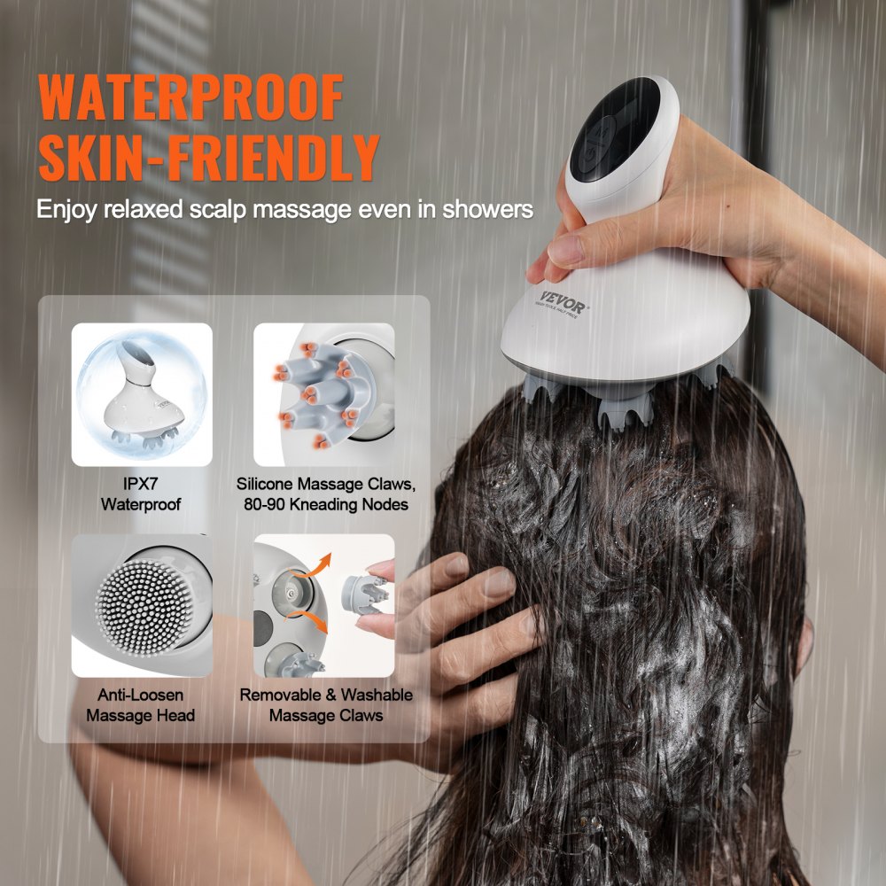 Masajeador eléctrico para el cuero cabelludo VEVOR, recargable, para el crecimiento del cabello, resistente al agua IPX7 | Rascador portátil para el cuero cabelludo con 8 cabezales de masaje extraíbles para aliviar el estrés, limpieza profunda, regalo para mamá/papá