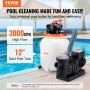 VEVOR sand filter pump near pool with 3000 gph flow rate, efficiently filtering water, 12-inch size.