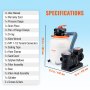 VEVOR sand filter pump with specifications and components list on blue background.