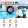 VEVOR sand filter pump with 6 functions and pressure gauge placed by a swimming pool.