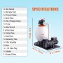 VEVOR sand filter pump with specifications list, dimensions 32 in/820 mm height, 29.7 in/755 mm length, and 20 in/510 mm width.