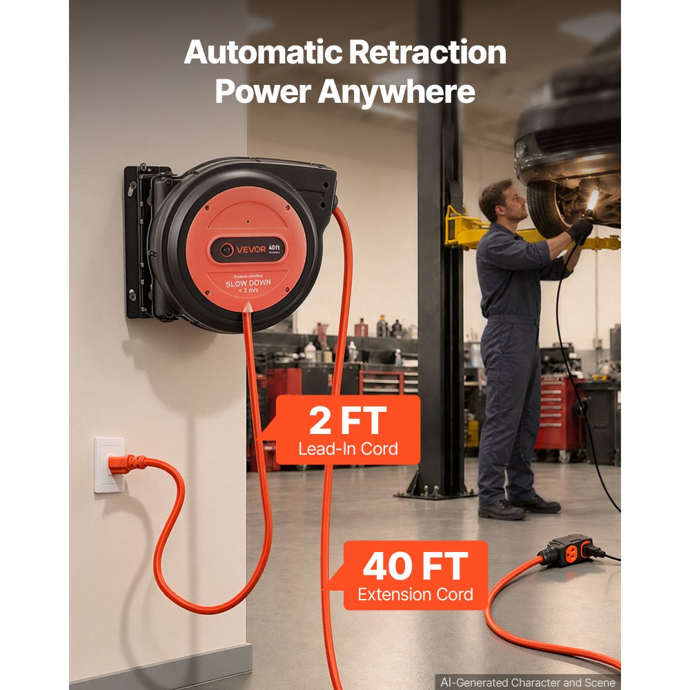 VEVOR 40FT Retractable Extension Cord Reel, Damped Slow Retraction System, 10AWG/3C Heavy Duty Power Cord 2500W, 4 Outlets, 20A Circuit Breaker, Ceiling/Wall Mount for Garage/Shop, ETL Listed, Red