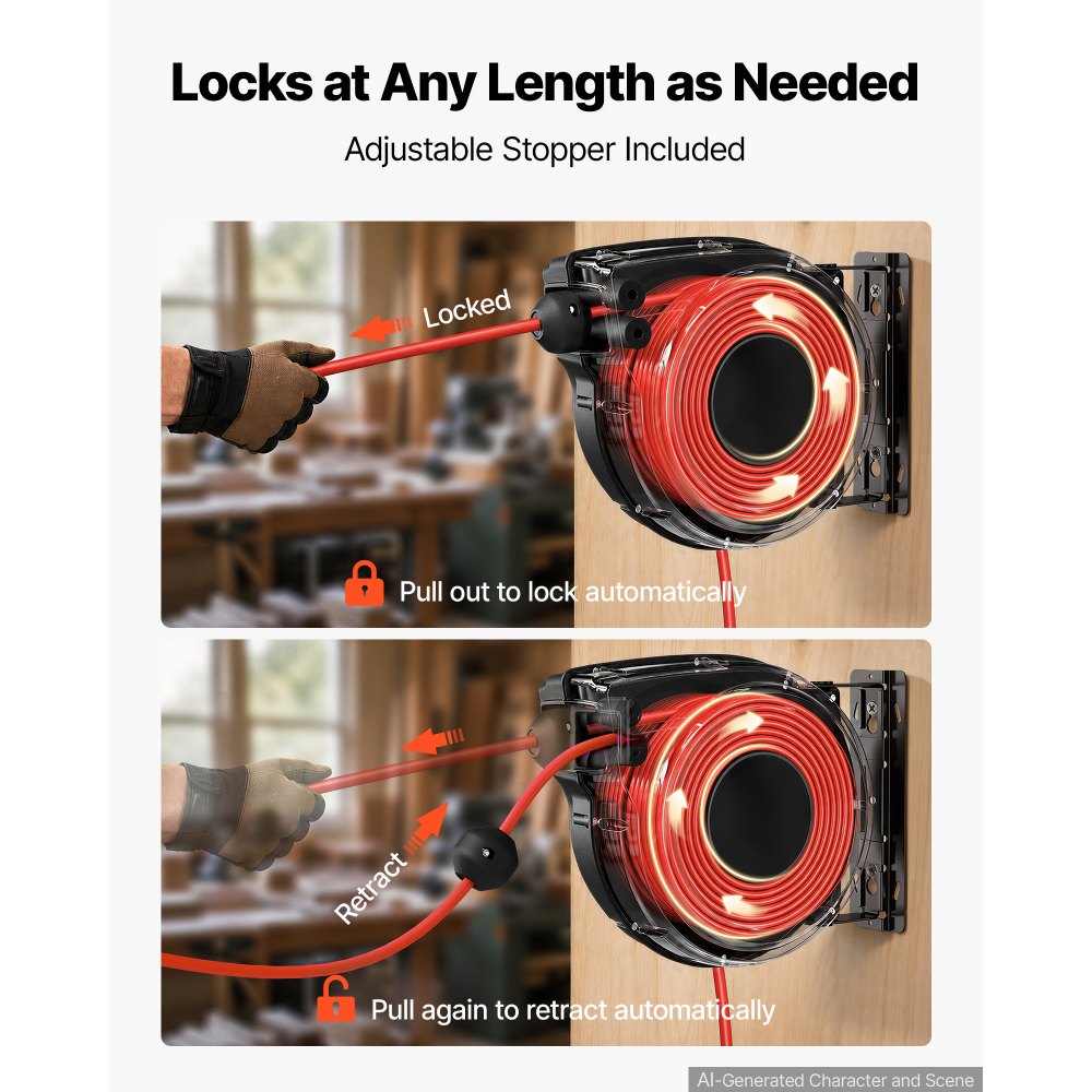 VEVOR 40FT Retractable Extension Cord Reel, Damped Slow Retraction System, 10AWG/3C Heavy Duty Power Cord 2500W, 4 Outlets, 20A Circuit Breaker, Ceiling/Wall Mount for Garage/Shop, ETL Listed, Red
